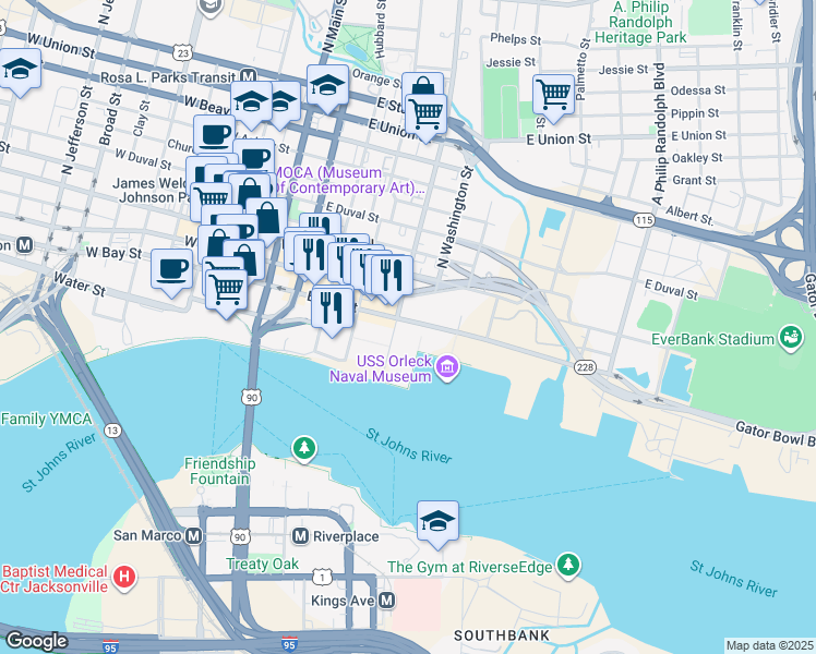 map of restaurants, bars, coffee shops, grocery stores, and more near 18 North Liberty Street in Jacksonville