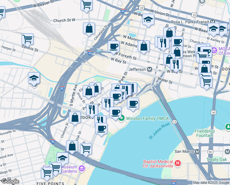 map of restaurants, bars, coffee shops, grocery stores, and more near 80 Park Street in Jacksonville