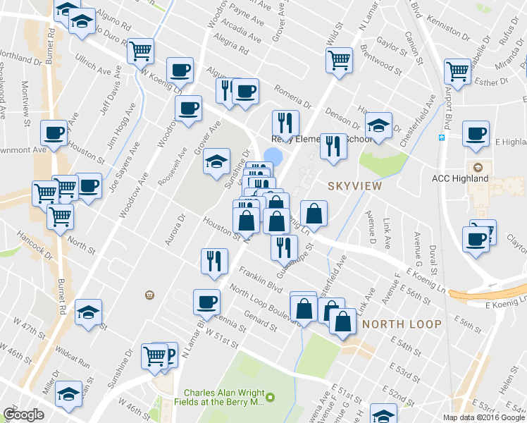 map of restaurants, bars, coffee shops, grocery stores, and more near 5606 North Lamar Boulevard in Austin