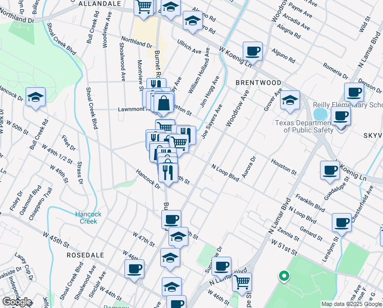 map of restaurants, bars, coffee shops, grocery stores, and more near 5313 Joe Sayers Avenue in Austin