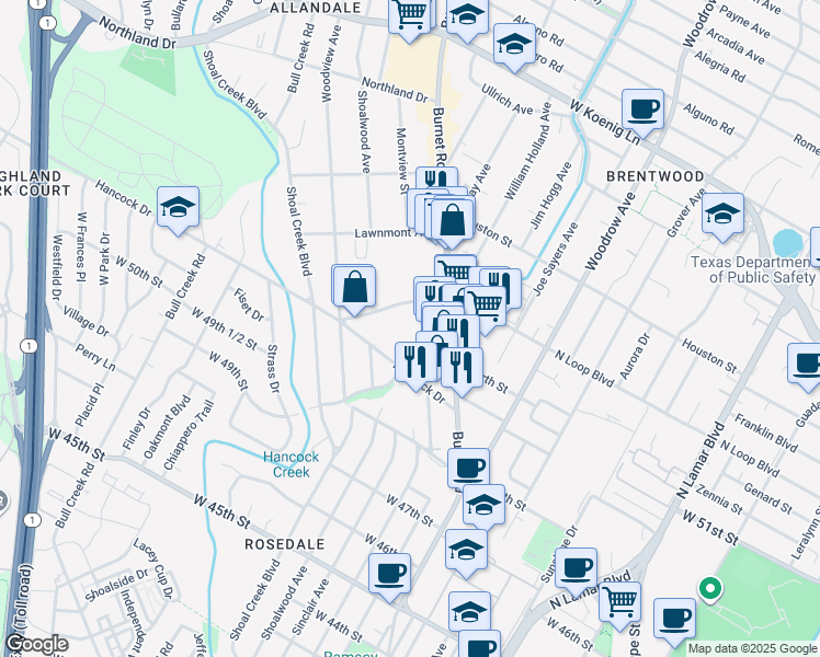 map of restaurants, bars, coffee shops, grocery stores, and more near 2211 West North Loop Boulevard in Austin