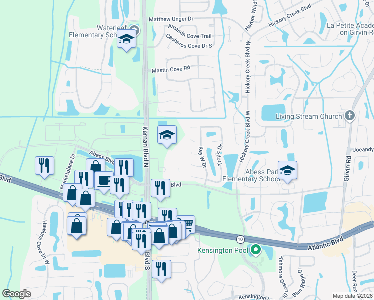 map of restaurants, bars, coffee shops, grocery stores, and more near 12340 Guava Court in Jacksonville