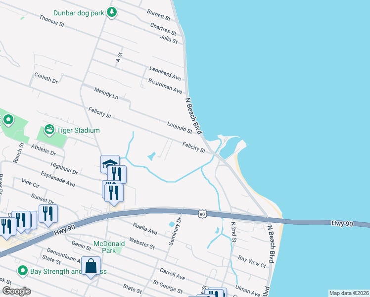 map of restaurants, bars, coffee shops, grocery stores, and more near 104 Felicity Street in Bay St. Louis