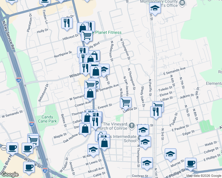 map of restaurants, bars, coffee shops, grocery stores, and more near 402 West Semands Avenue in Conroe