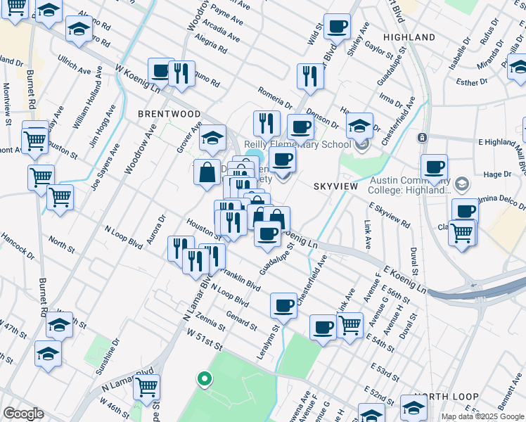 map of restaurants, bars, coffee shops, grocery stores, and more near 5629 North Lamar Boulevard in Austin