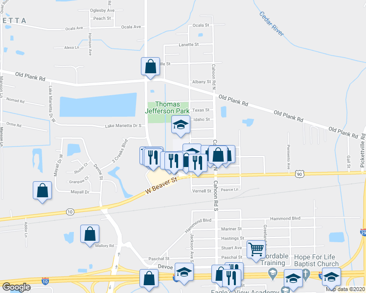 map of restaurants, bars, coffee shops, grocery stores, and more near 8233 Nevada Street in Jacksonville