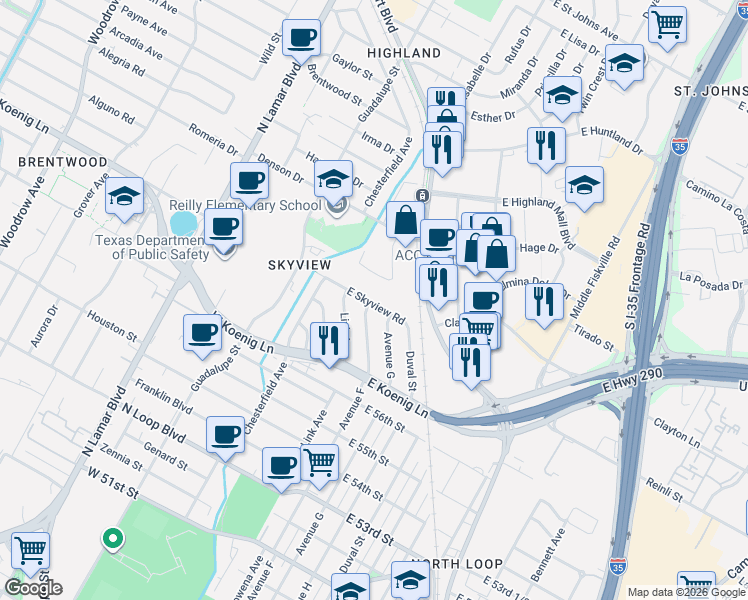 map of restaurants, bars, coffee shops, grocery stores, and more near 5997 Dillard Circle in Austin