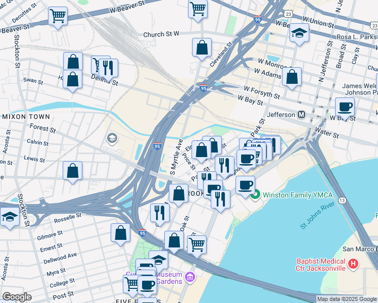 map of restaurants, bars, coffee shops, grocery stores, and more near 335 Elm Street in Jacksonville