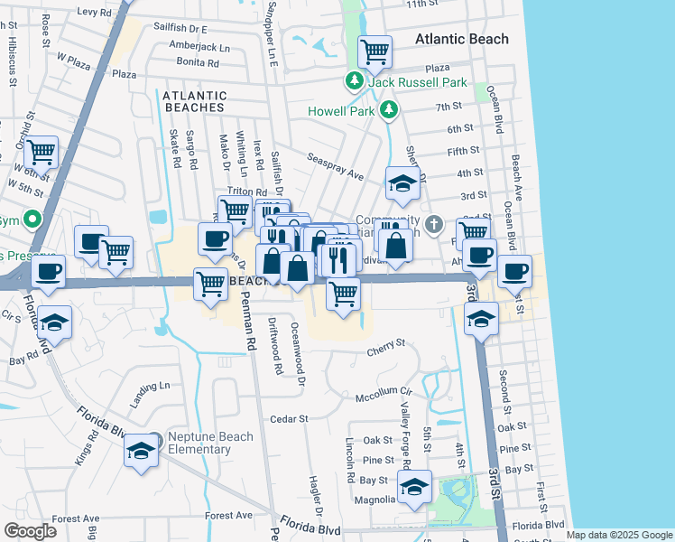 map of restaurants, bars, coffee shops, grocery stores, and more near 124 Magnolia Street in Atlantic Beach