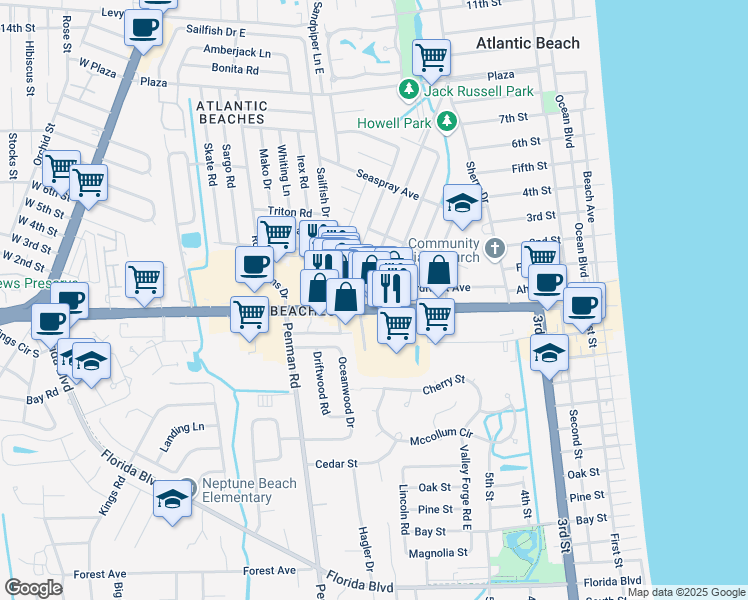map of restaurants, bars, coffee shops, grocery stores, and more near 124 Magnolia Street in Atlantic Beach