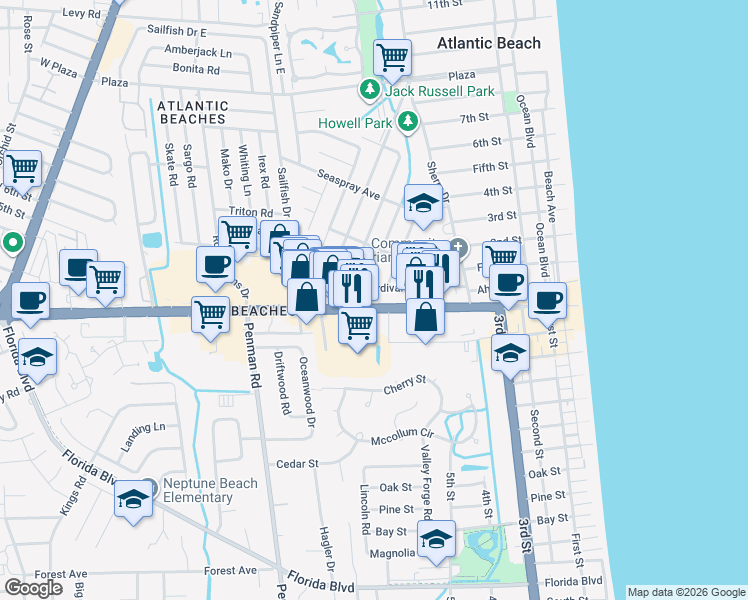 map of restaurants, bars, coffee shops, grocery stores, and more near 597 Sturdivant Avenue in Atlantic Beach