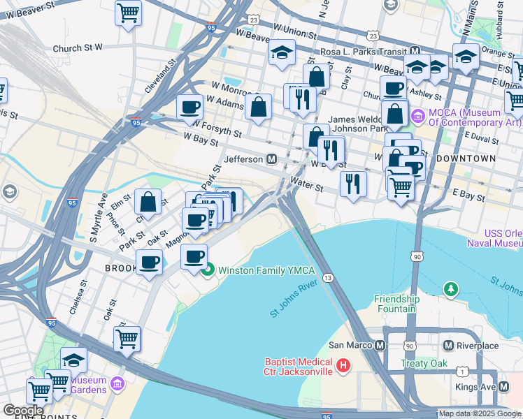 map of restaurants, bars, coffee shops, grocery stores, and more near 10 Riverside Avenue in Jacksonville