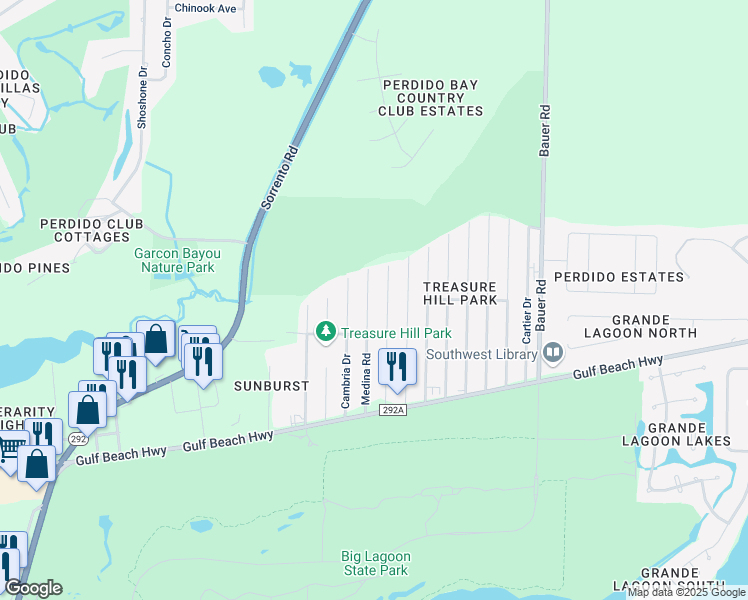 map of restaurants, bars, coffee shops, grocery stores, and more near 5218 Medina Road in Pensacola