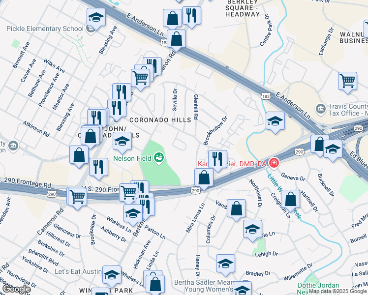 map of restaurants, bars, coffee shops, grocery stores, and more near 7259 Coronado Circle in Austin