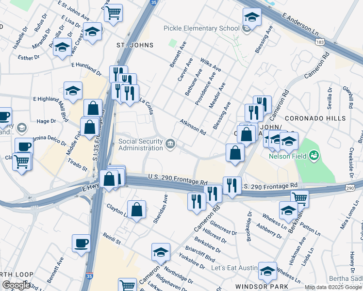 map of restaurants, bars, coffee shops, grocery stores, and more near 1044 Camino La Costa in Austin