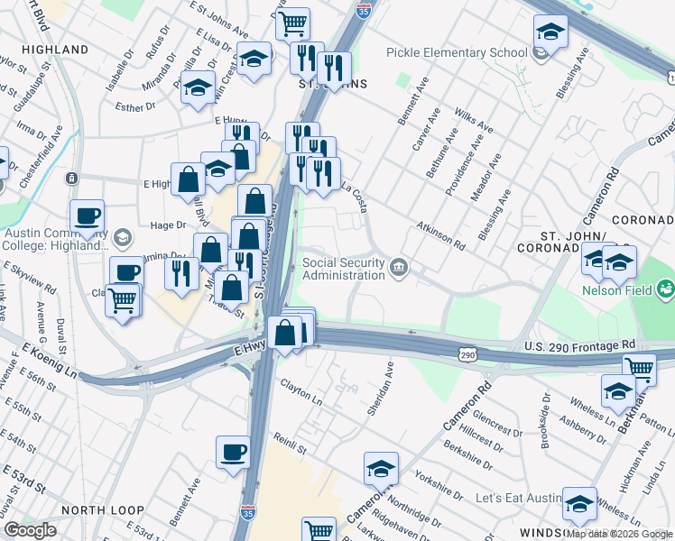 map of restaurants, bars, coffee shops, grocery stores, and more near 935 La Posada Drive in Austin