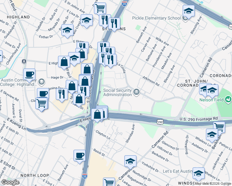map of restaurants, bars, coffee shops, grocery stores, and more near 935 La Posada Drive in Austin