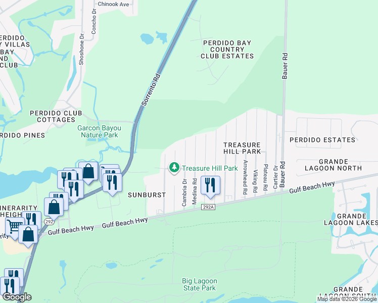 map of restaurants, bars, coffee shops, grocery stores, and more near 5218 Medina Road in Pensacola
