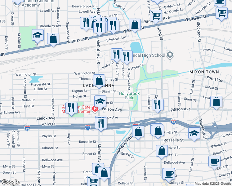 map of restaurants, bars, coffee shops, grocery stores, and more near 2934 Dignan Street in Jacksonville