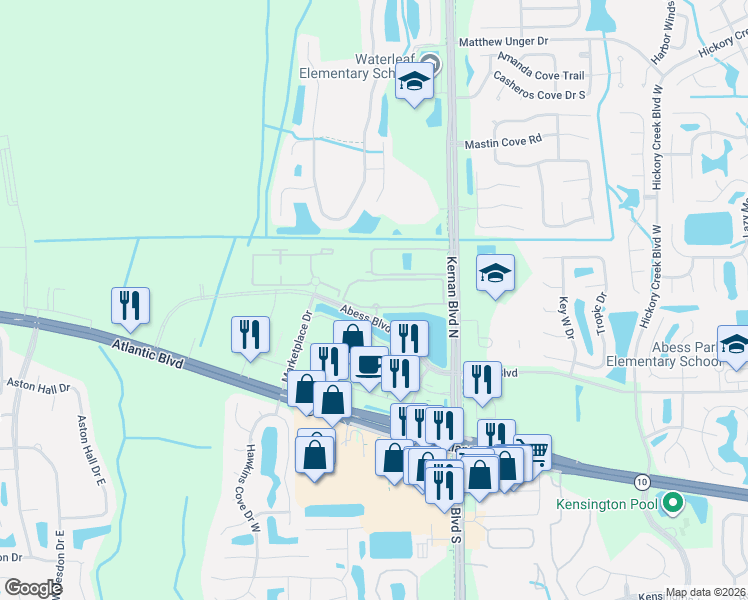 map of restaurants, bars, coffee shops, grocery stores, and more near 12001 Abess Boulevard in Jacksonville