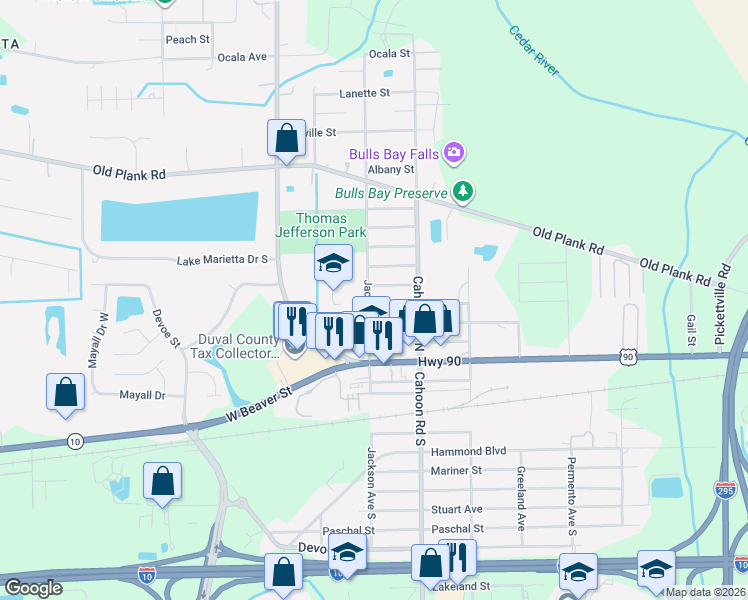 map of restaurants, bars, coffee shops, grocery stores, and more near 205 Jackson Avenue North in Jacksonville