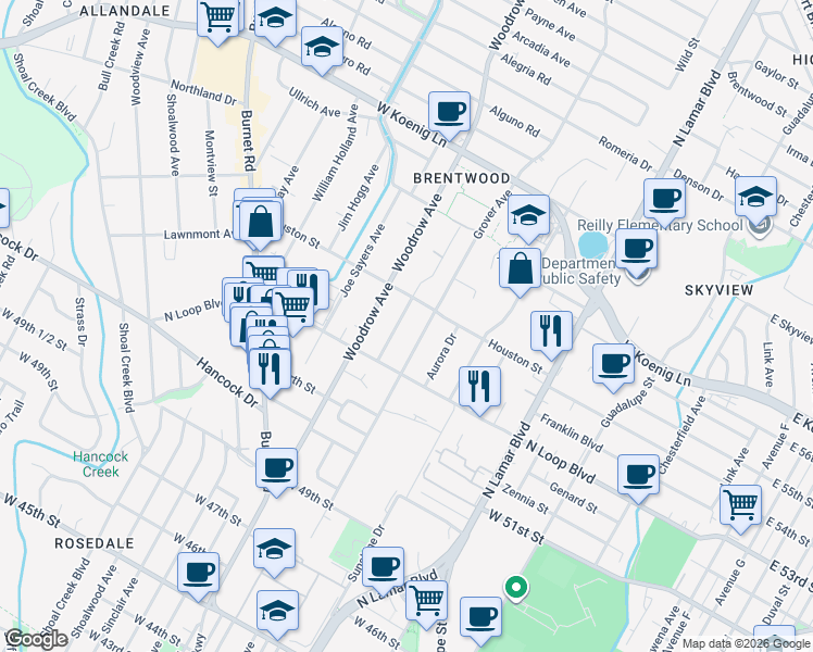 map of restaurants, bars, coffee shops, grocery stores, and more near 5406 Roosevelt Avenue in Austin