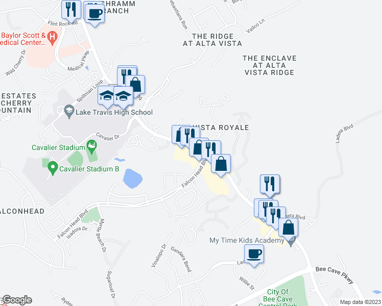 map of restaurants, bars, coffee shops, grocery stores, and more near 3480 Ranch Road 620 South in Austin