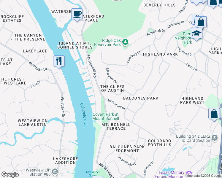 map of restaurants, bars, coffee shops, grocery stores, and more near 3410 Monte Vista Drive in Austin