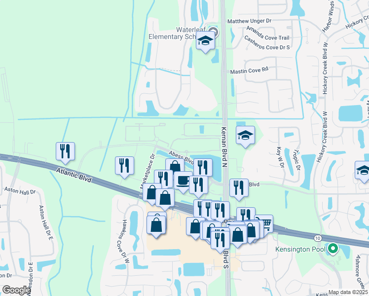 map of restaurants, bars, coffee shops, grocery stores, and more near 12001 Abess Boulevard in Jacksonville