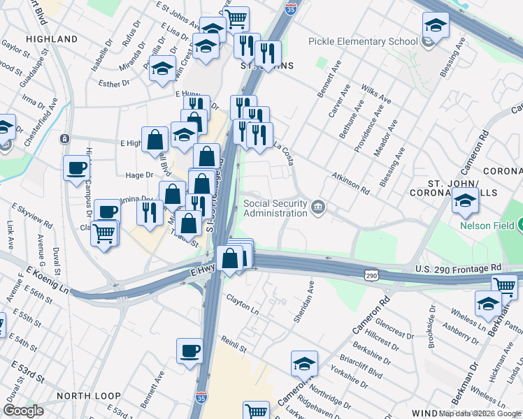 map of restaurants, bars, coffee shops, grocery stores, and more near 935 La Posada Drive in Austin