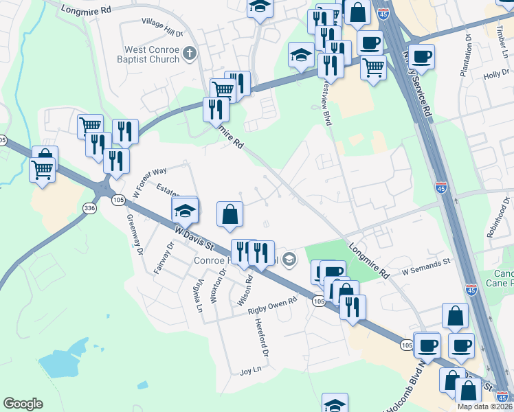 map of restaurants, bars, coffee shops, grocery stores, and more near 901 Longmire Road in Conroe