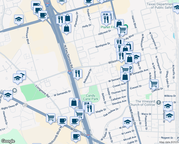 map of restaurants, bars, coffee shops, grocery stores, and more near 19 Robinhood Drive in Conroe