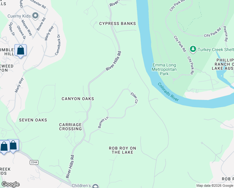 map of restaurants, bars, coffee shops, grocery stores, and more near 1121 Elder Circle in Austin