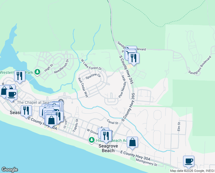 map of restaurants, bars, coffee shops, grocery stores, and more near 1383 Western Lake Drive in Santa Rosa Beach