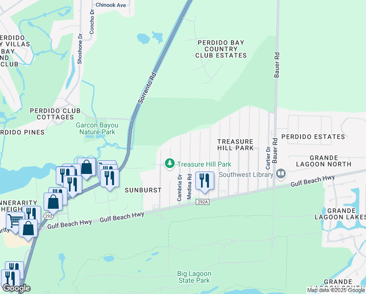 map of restaurants, bars, coffee shops, grocery stores, and more near 5218 Medina Road in Pensacola