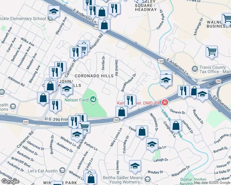map of restaurants, bars, coffee shops, grocery stores, and more near 1708 Coronado Hills Drive in Austin
