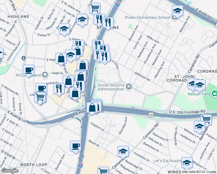 map of restaurants, bars, coffee shops, grocery stores, and more near 935 La Posada Drive in Austin