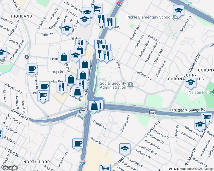 map of restaurants, bars, coffee shops, grocery stores, and more near 935 La Posada Drive in Austin