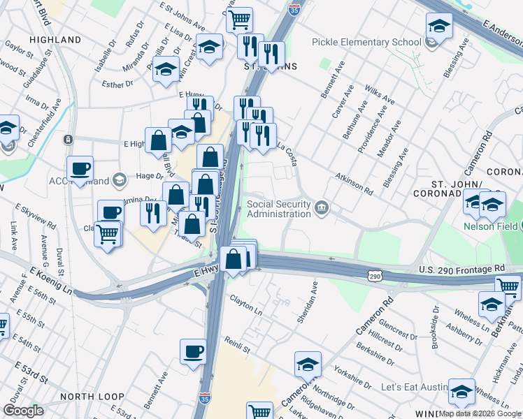map of restaurants, bars, coffee shops, grocery stores, and more near 935 La Posada Drive in Austin