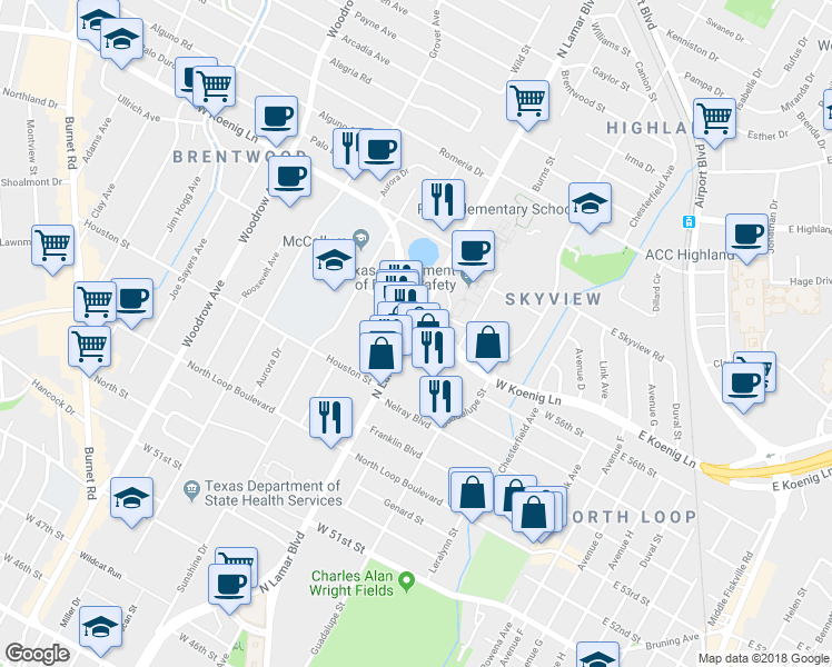 map of restaurants, bars, coffee shops, grocery stores, and more near 5630 North Lamar Boulevard in Austin