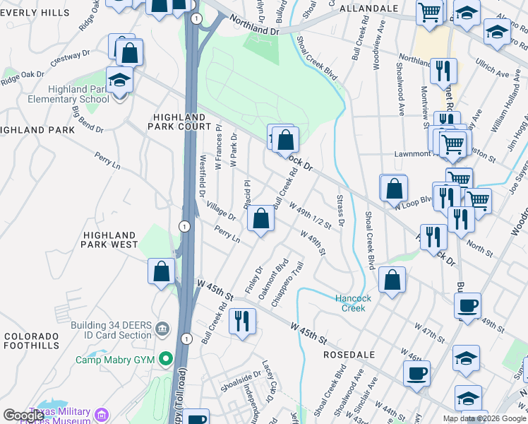 map of restaurants, bars, coffee shops, grocery stores, and more near 4811 West Market Drive in Austin