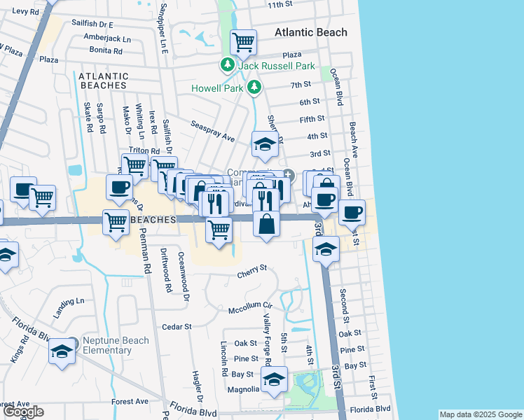 map of restaurants, bars, coffee shops, grocery stores, and more near 109 Sylvan Drive in Atlantic Beach