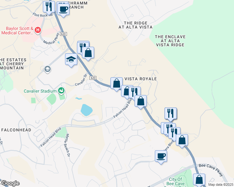 map of restaurants, bars, coffee shops, grocery stores, and more near 3464 Ranch Road 620 South in Bee Cave