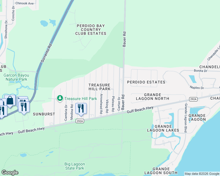 map of restaurants, bars, coffee shops, grocery stores, and more near 12418 Quintin Road in Pensacola