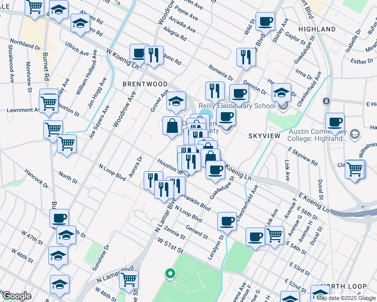 map of restaurants, bars, coffee shops, grocery stores, and more near 5604 North Lamar Boulevard in Austin