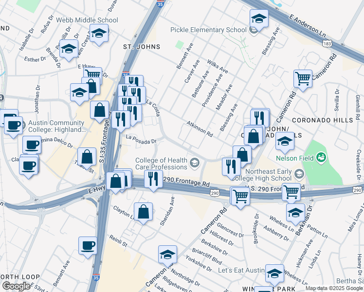 map of restaurants, bars, coffee shops, grocery stores, and more near Camino La Costa in Austin