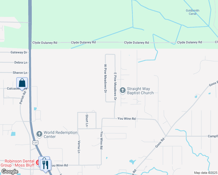 map of restaurants, bars, coffee shops, grocery stores, and more near 1500 West Pine Meadows Drive in Moss Bluff