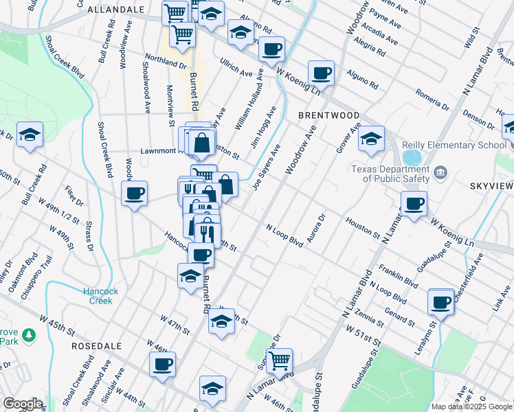 map of restaurants, bars, coffee shops, grocery stores, and more near 5314A Woodrow Avenue in Austin