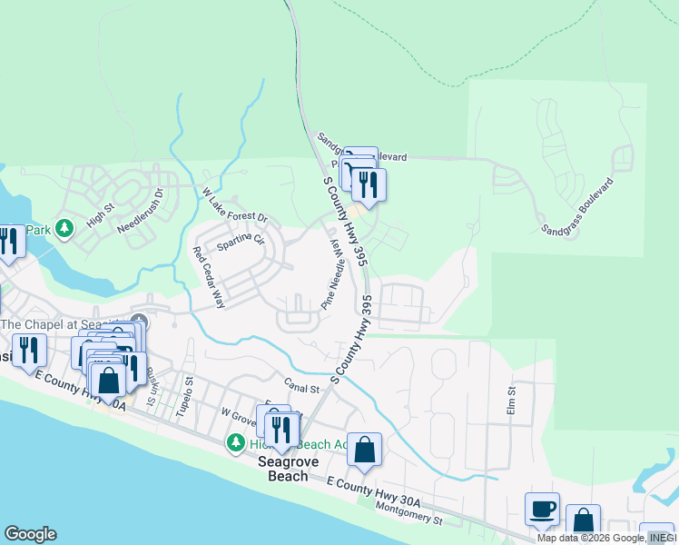 map of restaurants, bars, coffee shops, grocery stores, and more near 154 Pine Needle Way in Santa Rosa Beach
