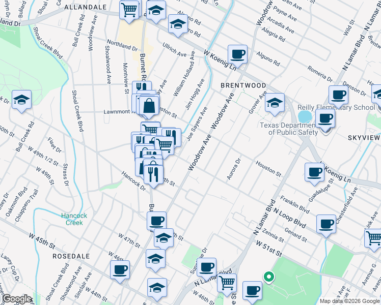 map of restaurants, bars, coffee shops, grocery stores, and more near 5306 Woodrow Avenue in Austin